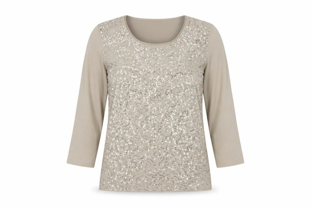 Windsmoor Women’s Beige Sequin Long Sleeve Scoop Neck Top Size S