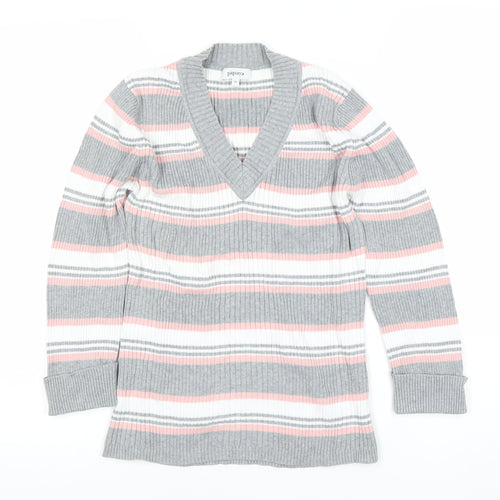 Papaya Women’s Multicoloured Stripe V-Neck Pullover Jumper Size 12