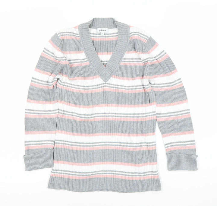 Papaya Women’s Multicoloured Stripe V-Neck Pullover Jumper Size 12