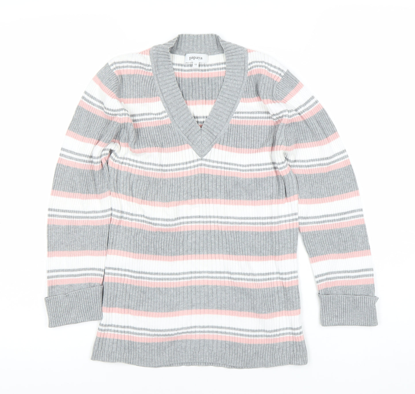 Papaya Women’s Multicoloured Stripe V-Neck Pullover Jumper Size 12