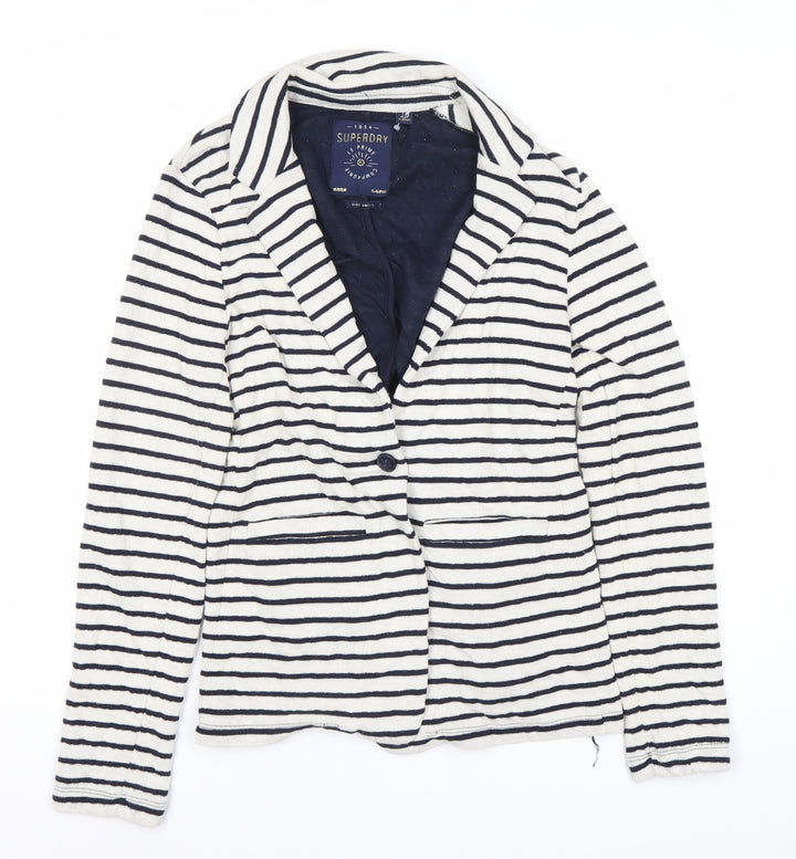 Superdry Women's White Striped Blazer Size S Notch Lapel Casual