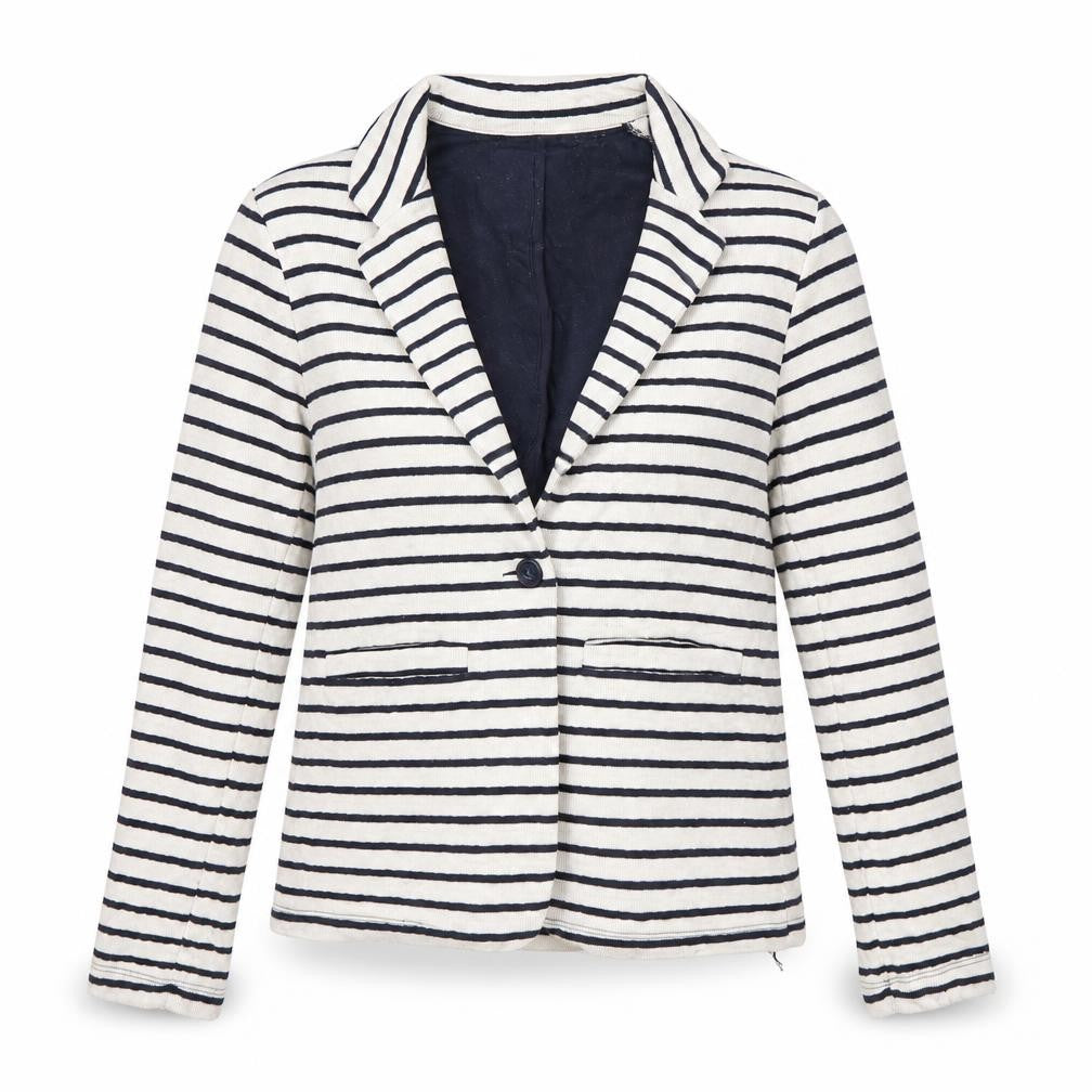 Front view of Superdry Women's White Striped Blazer, size S, Notch Lapel Casual