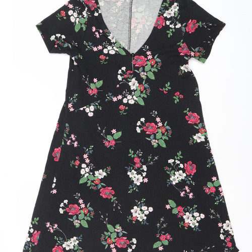 Pull&Bear Women’s Black Floral Bodycon Dress Size 8 Short Sleeve