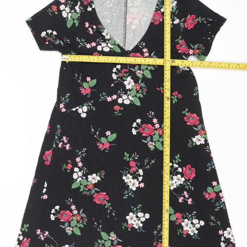 Pull&Bear Women’s Black Floral Bodycon Dress Size 8 Short Sleeve
