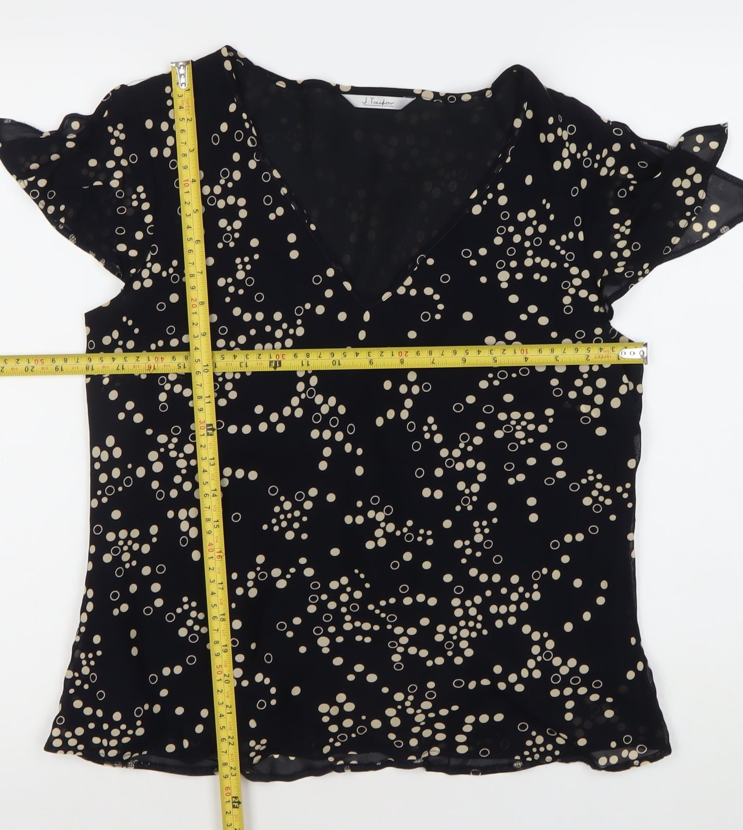 J Taylor Women’s Black Polka Dot Chiffon Flutter Sleeve Blouse Size 14