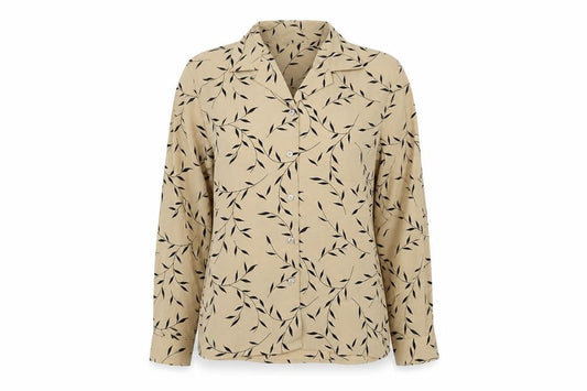 Front view of Notations Women’s Beige Leaf Print Long Sleeve Button-Up Shirt L