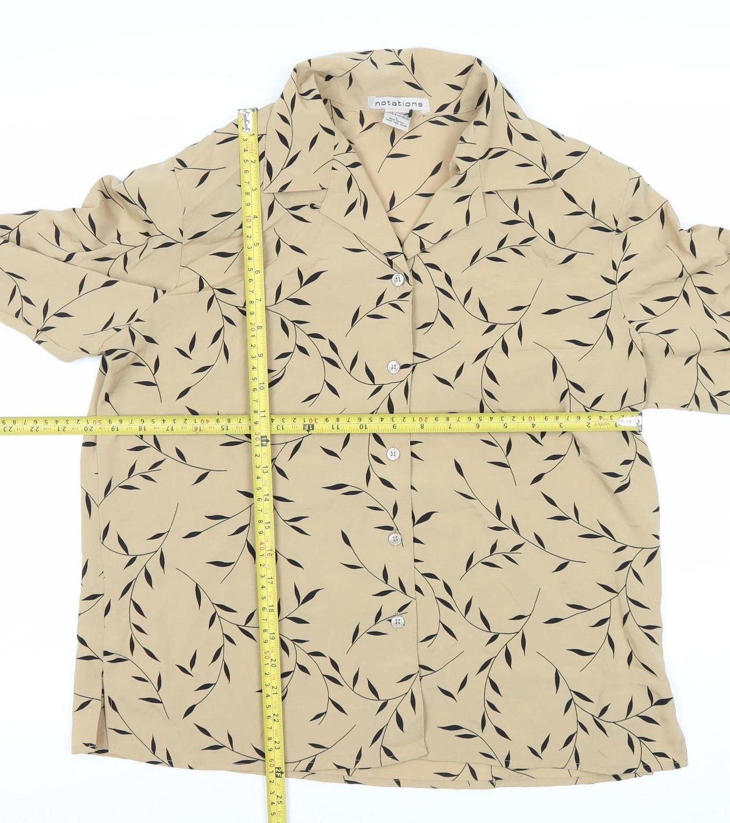 Notations Women’s Beige Leaf Print Long Sleeve Button-Up Shirt L
