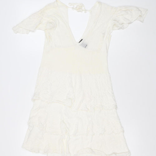 Xing Suit Women Ivory M A-Line Lace Knit Short Flutter Sleeve Dress