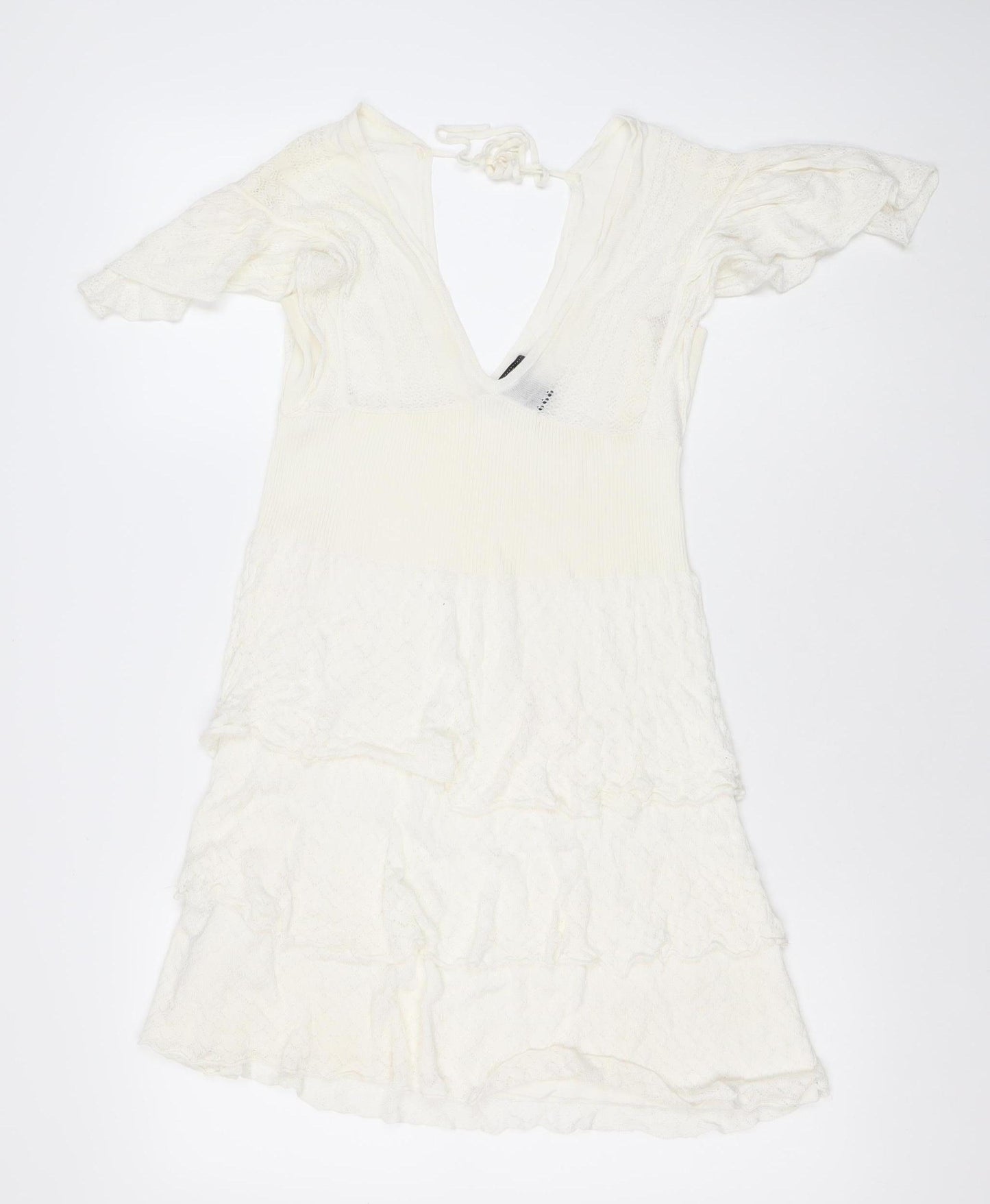 Xing Suit Women Ivory M A-Line Lace Knit Short Flutter Sleeve Dress
