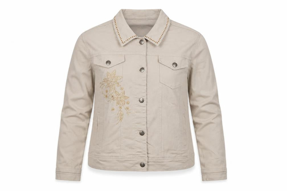 Front view of R & B Collections Women’s Beige Studded Floral Jacket M