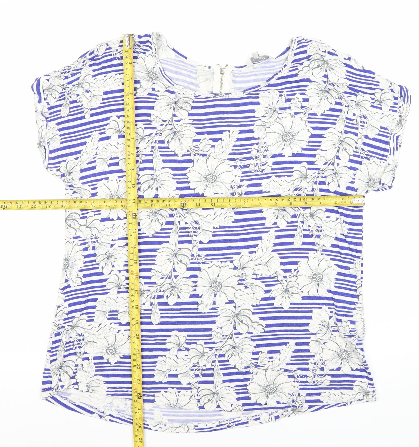 Peacocks Women's Blue Floral Striped T-Shirt Size 18 Short Sleeve
