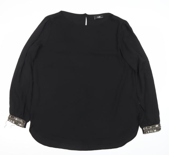 Wallis Women’s Black Beaded Cuff Long Sleeve Chiffon Blouse Size L
