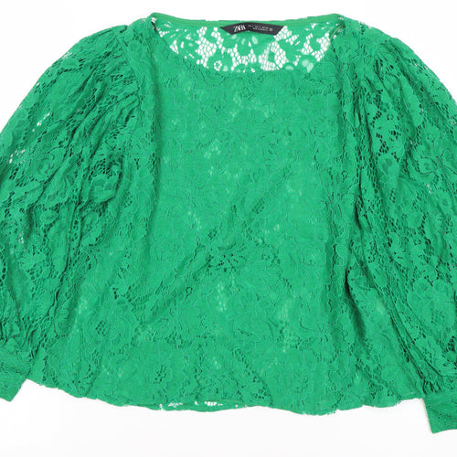 Zara Women Green Lace Puff Sleeve Blouse Size S