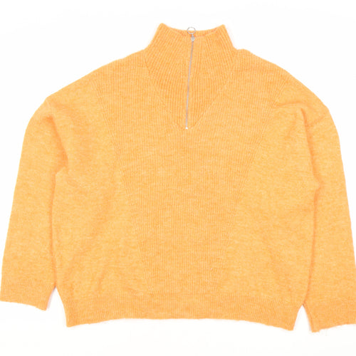 MNG Women’s Orange High Neck Wool Blend Zip Jumper M Autumn Winter
