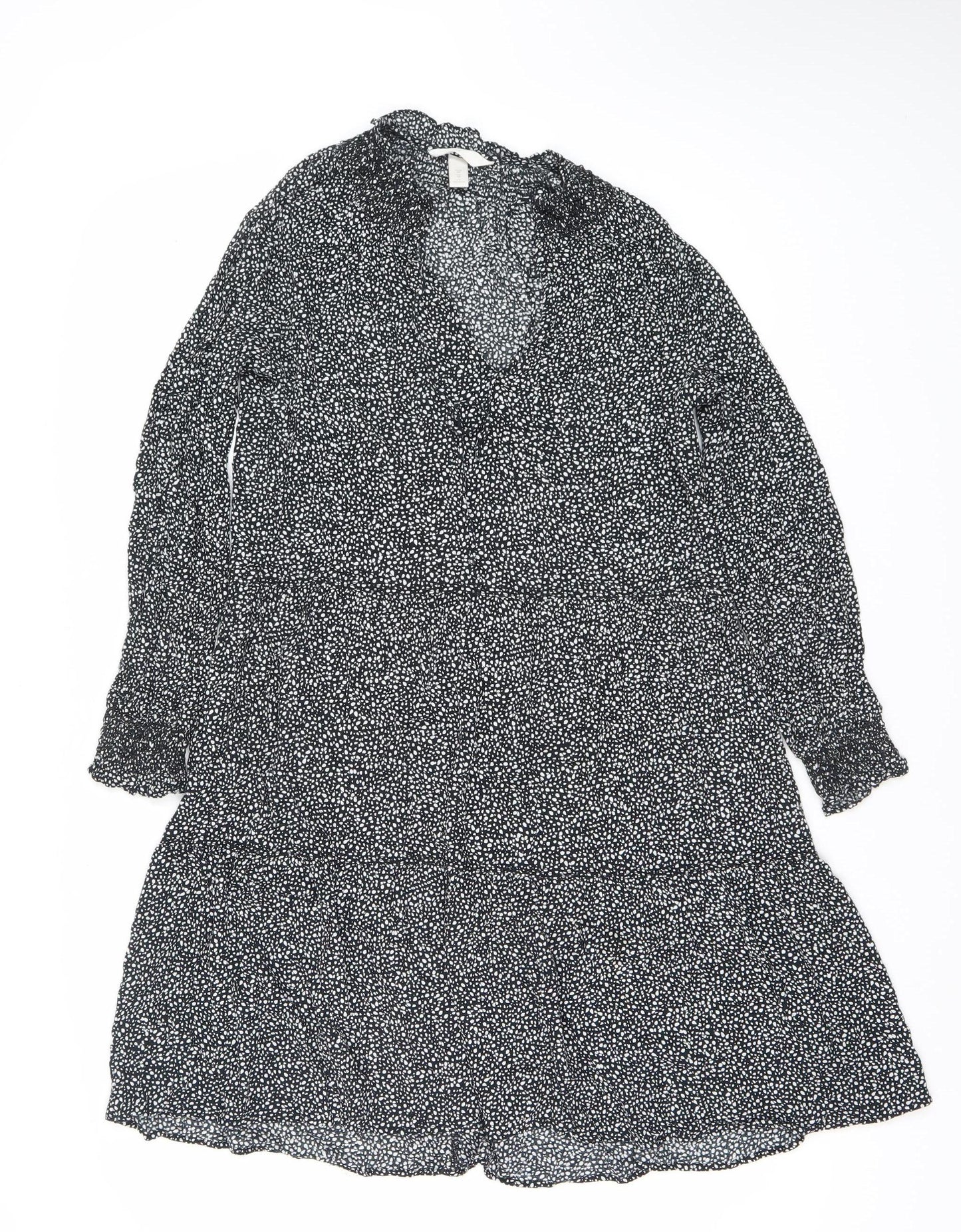 H&M Women Black Polka Dot XS Fit & Flare Long Sleeve Dress