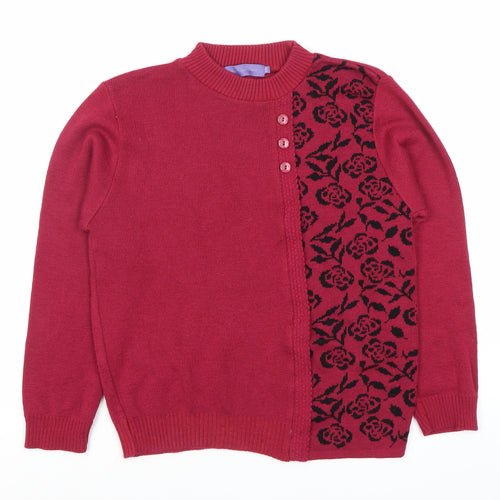 Autonomy Women's Red Floral Knit Crew Neck Long Sleeve Cardigan Size S