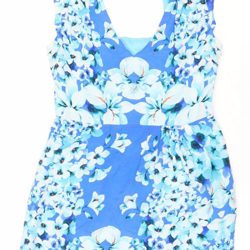Oasis Women’s Blue Floral Silk Fit & Flare Dress Size 10 Sleeveless Scoop