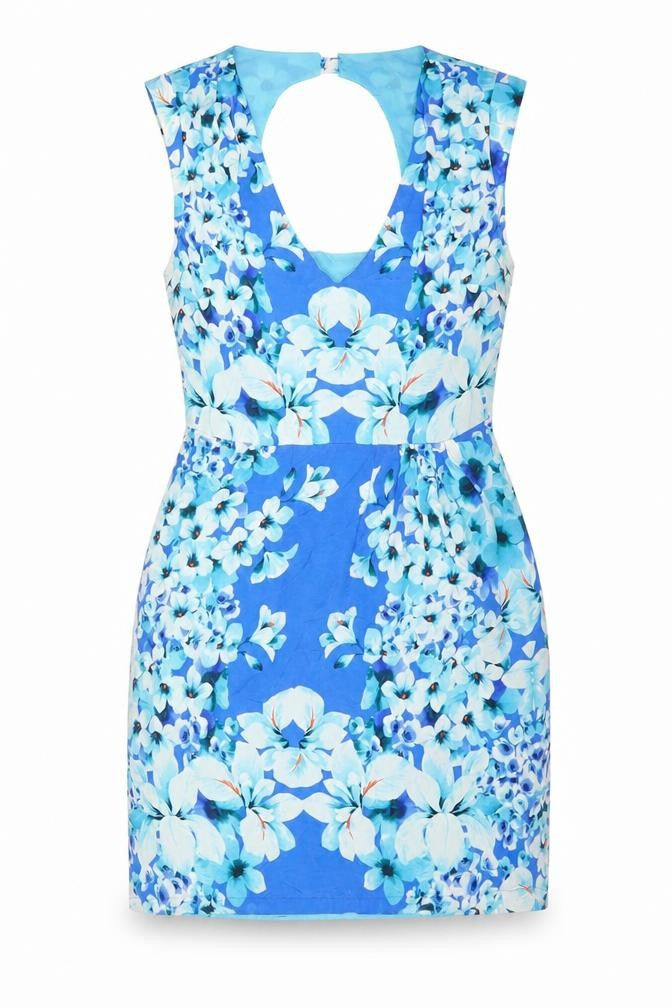 Oasis Women’s Blue Floral Silk Fit & Flare Dress Size 10 Sleeveless Scoop