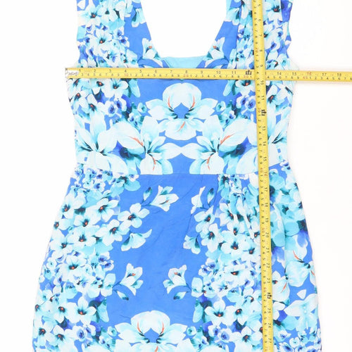Oasis Women’s Blue Floral Silk Fit & Flare Dress Size 10 Sleeveless Scoop