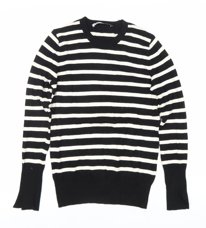 ZARA Women’s Black White Striped Pullover Jumper M Crew Neck Knit