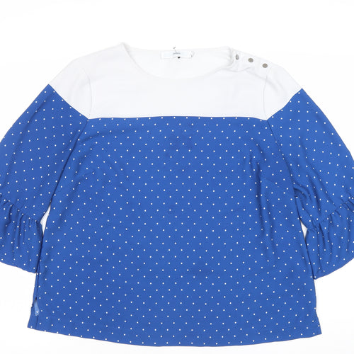 John Lewis Women’s Blue Polka Dot Blouse Size 16 Boat Neck 3/4 Flared Sleeve