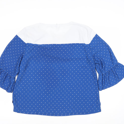 John Lewis Women’s Blue Polka Dot Blouse Size 16 Boat Neck 3/4 Flared Sleeve