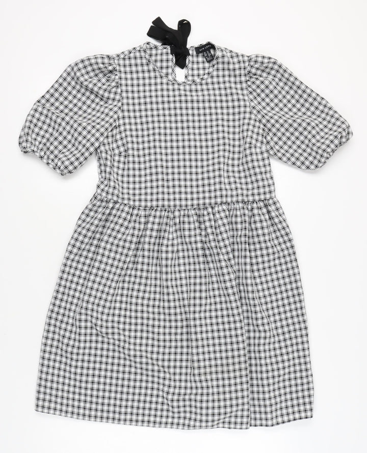 New Look Women's Black Check A-Line Puff Sleeve Dress Size 8