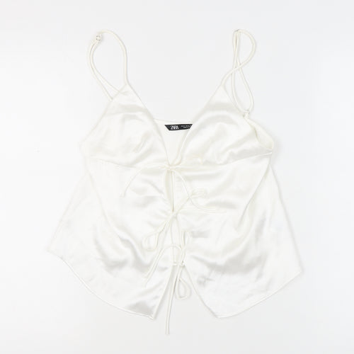 Zara Women White Satin Camisole Top UK 12 Spaghetti Strap V-Neck Summer