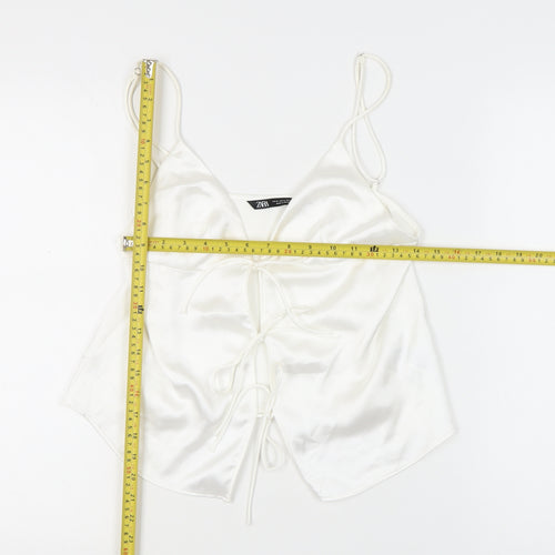 Zara Women White Satin Camisole Top UK 12 Spaghetti Strap V-Neck Summer