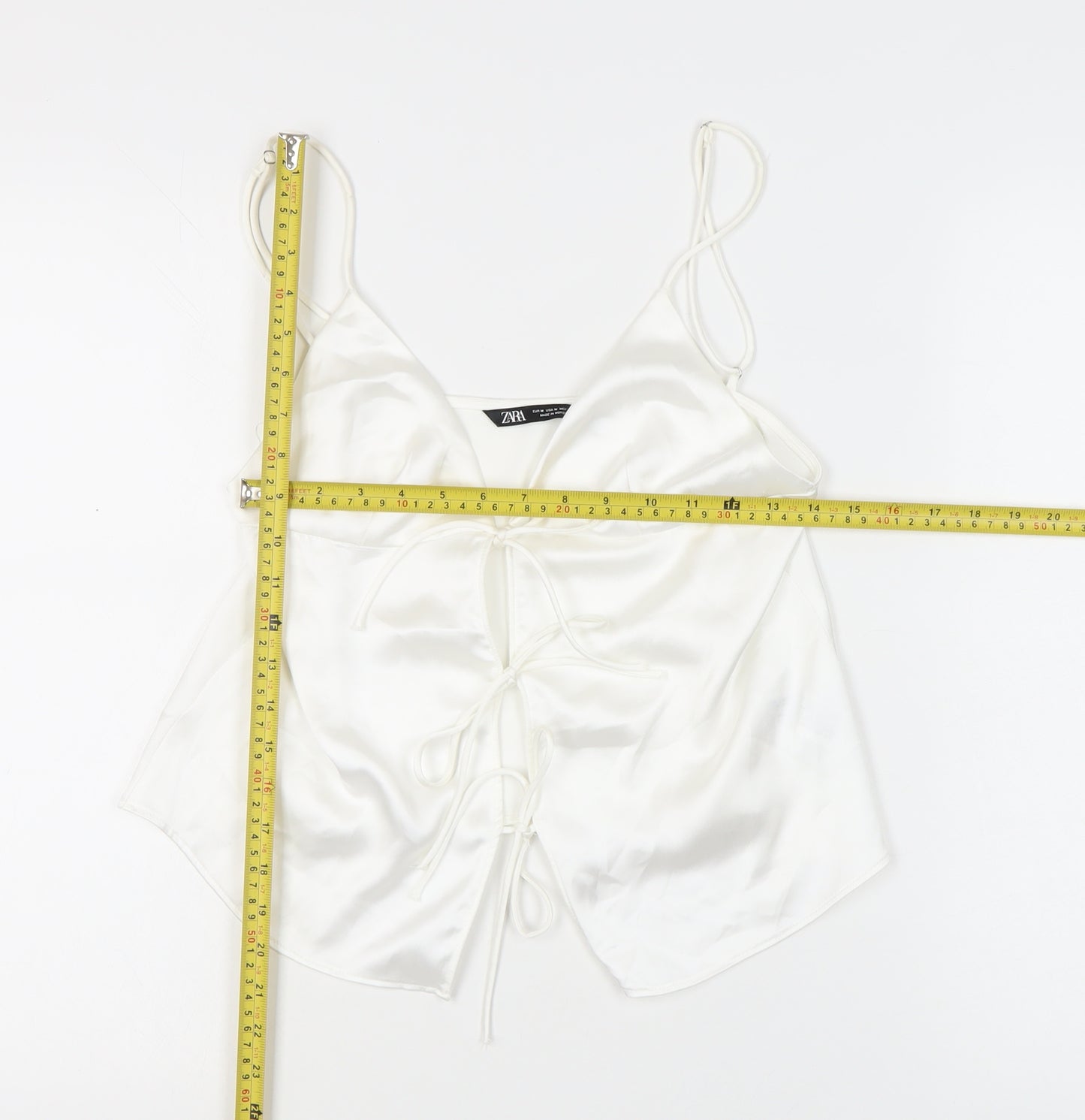 Zara Women White Satin Camisole Top UK 12 Spaghetti Strap V-Neck Summer