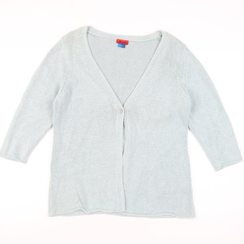 Monsoon Women Blue Size 14 V-Neck 3/4 Sleeve Cotton Cardigan