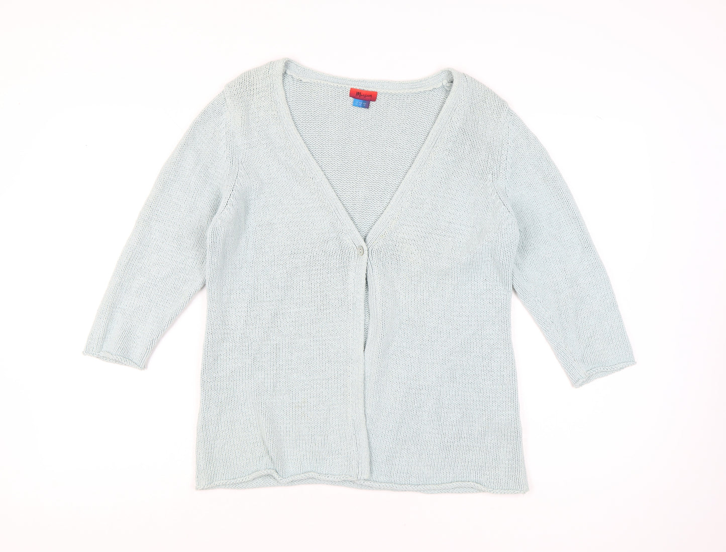 Monsoon Women Blue Size 14 V-Neck 3/4 Sleeve Cotton Cardigan