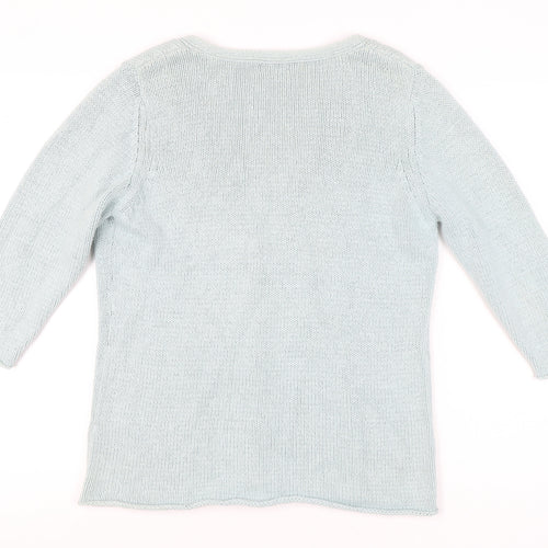 Monsoon Women Blue Size 14 V-Neck 3/4 Sleeve Cotton Cardigan
