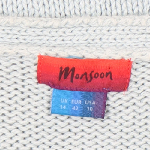 Monsoon Women Blue Size 14 V-Neck 3/4 Sleeve Cotton Cardigan
