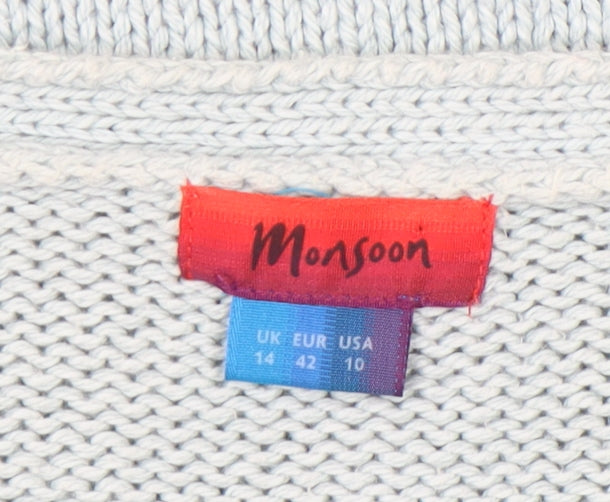 Monsoon Women Blue Size 14 V-Neck 3/4 Sleeve Cotton Cardigan