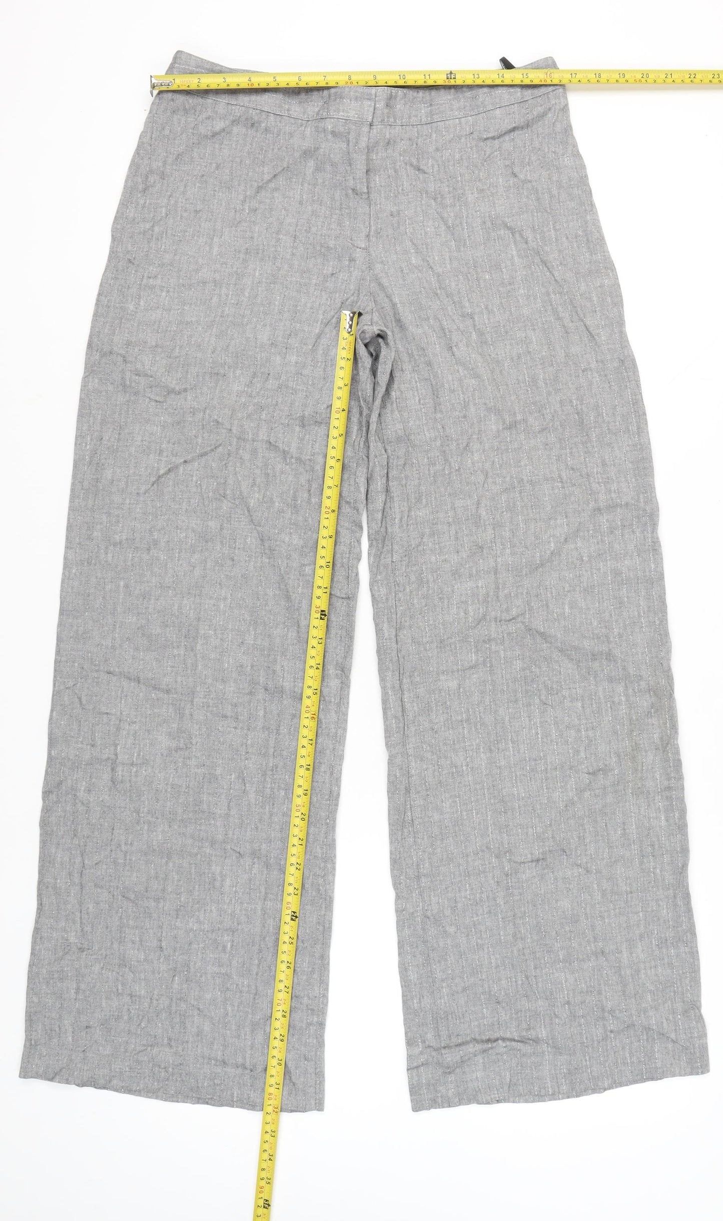 Marks & Spencer Women’s Grey Linen Blend Wide-Leg Trousers Size 14 Tall