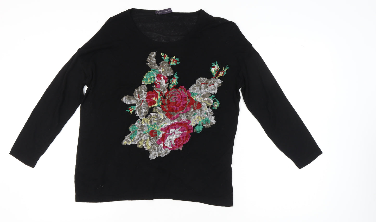 Marks and Spencer Women’s Black Floral Embroidered Pullover Jumper Size 8