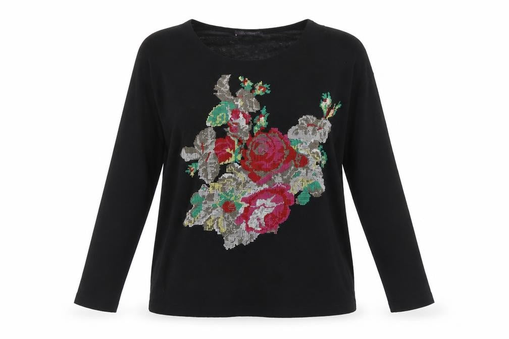 Front view of Marks & Spencer Women’s Black Floral Embroidered jumper, size UK 8
