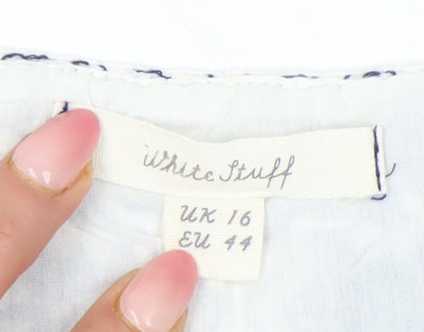 White Stuff Women’s White Navy Embroidered Tunic Blouse Size 16