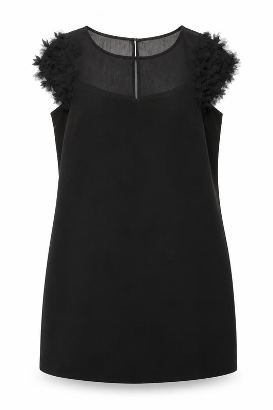 Front view of Warehouse Women's Black, size 16, Shift Dress Puff Sleeve Party