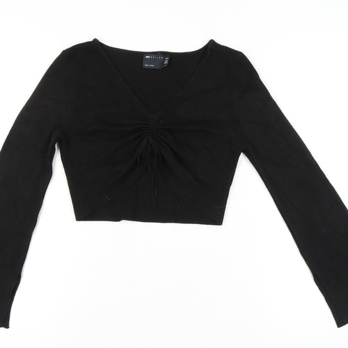 ASOS Design Womens Petite Black Size 12 V-Neck Ruched Jumper