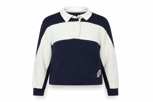 Front view of Superdry Women’s Blue Colourblock Collared Pullover Sweatshirt UK 8