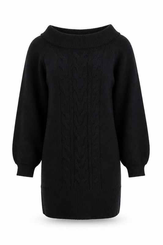 Front view of River Island Women's Black Knit Jumper Dress, size S, Boat Neck