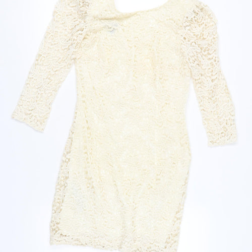Mango Women’s Ivory Lace Bodycon Dress M Short 3/4 Sleeve Wedding Party