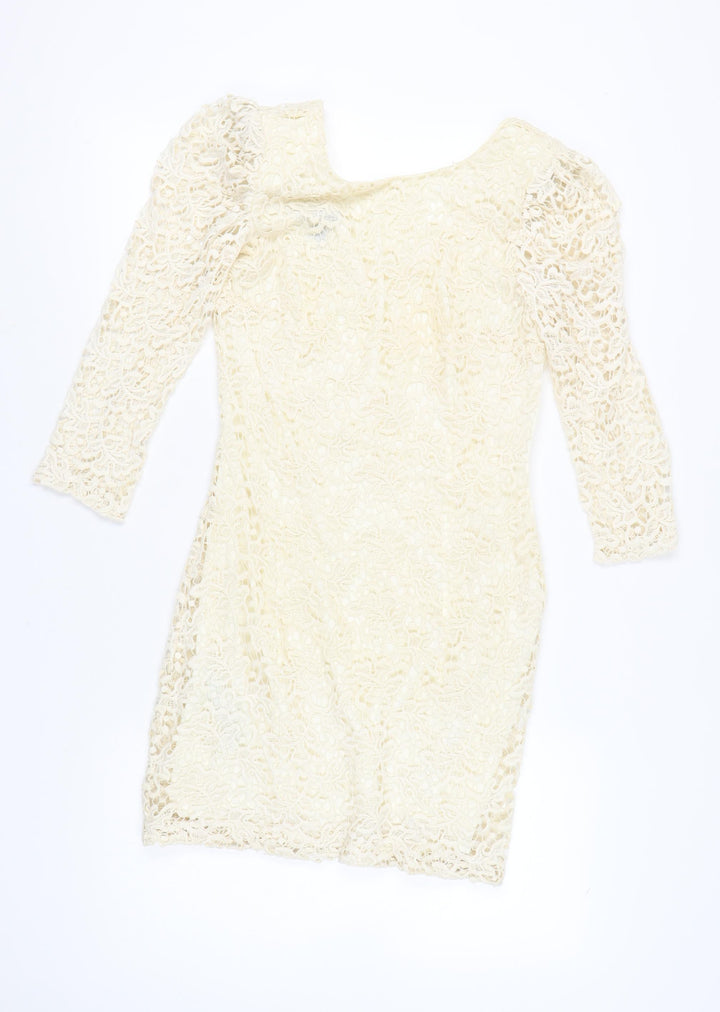 Mango Women’s Ivory Lace Bodycon Dress M Short 3/4 Sleeve Wedding Party