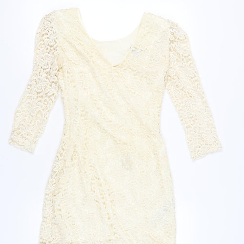 Mango Women’s Ivory Lace Bodycon Dress M Short 3/4 Sleeve Wedding Party