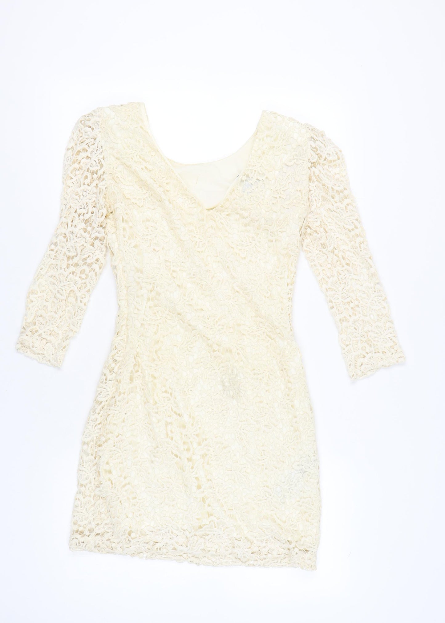 Mango Women’s Ivory Lace Bodycon Dress M Short 3/4 Sleeve Wedding Party