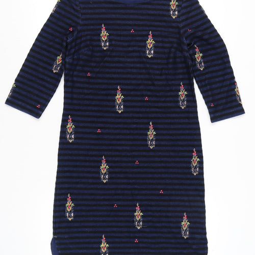White Stuff Women's Blue Size 8 Shift Dress Striped Embroidered Velvet