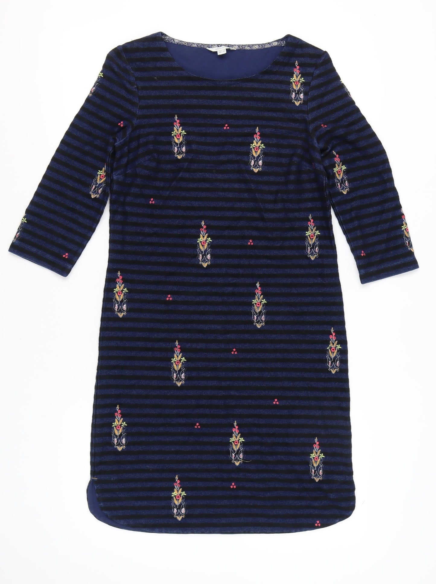 White Stuff Women's Blue Size 8 Shift Dress Striped Embroidered Velvet