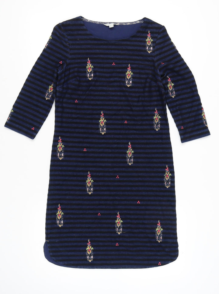 White Stuff Women's Blue Size 8 Shift Dress Striped Embroidered Velvet